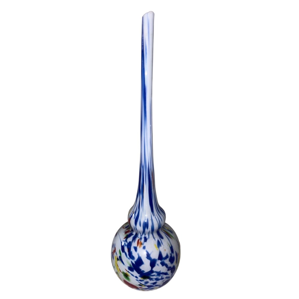 Murano Art Glass Bud Vase Long Neck Confetti Splatter Blue White Italian Glass